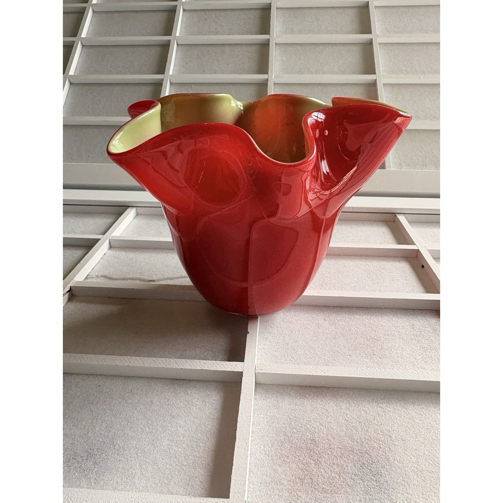 60s Murano Glass Handkerchief Red Green Ruffle Vase MCM Retro Vintage Handblown